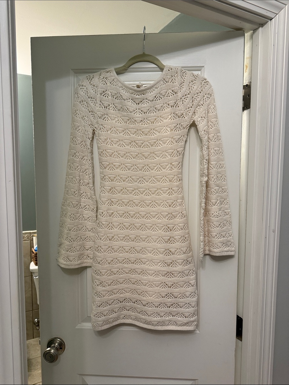 Cream Knit Crochet Long-Sleeve Mini Dress